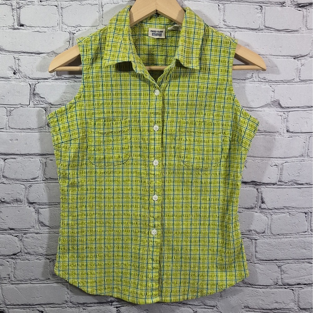 Y2K Vtg Faded Glory Top M Lime Green Plaid Crinkle Stretch Sleeveless Button up
